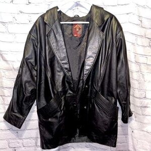 G-III Black Leather Jacket Coat Long Womens Vintage 80s Size Medium Timeless